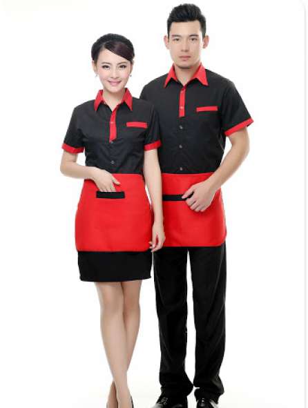 Đồng phục nhà hàng sơ mi tay ngắn màu đen phối đỏ